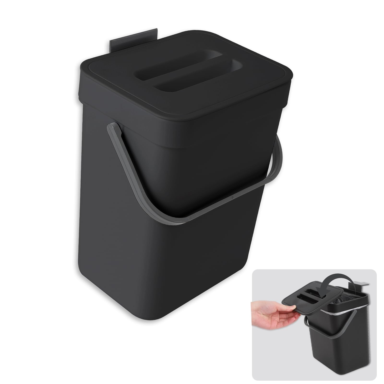 Photo 1 of 0.8 Gallol/3L Kitchen Compost Bin, Suitable for Countertops or Under Sink, Hanging Hook Trash Can with Lid, Ideal for Cabinets/Bathrooms/Bedrooms/Offices/Camping (Black)