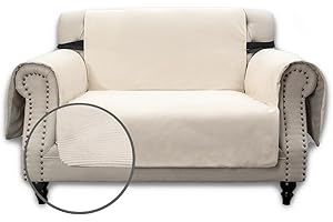 Snugglesinto Sofa Cover, Water Resistant Slipcover Furniture Protector, Washable Couch Cover with Non Slip and Elastic Straps for Kids, Dogs, Pets(Loveseat, White-Stripe)