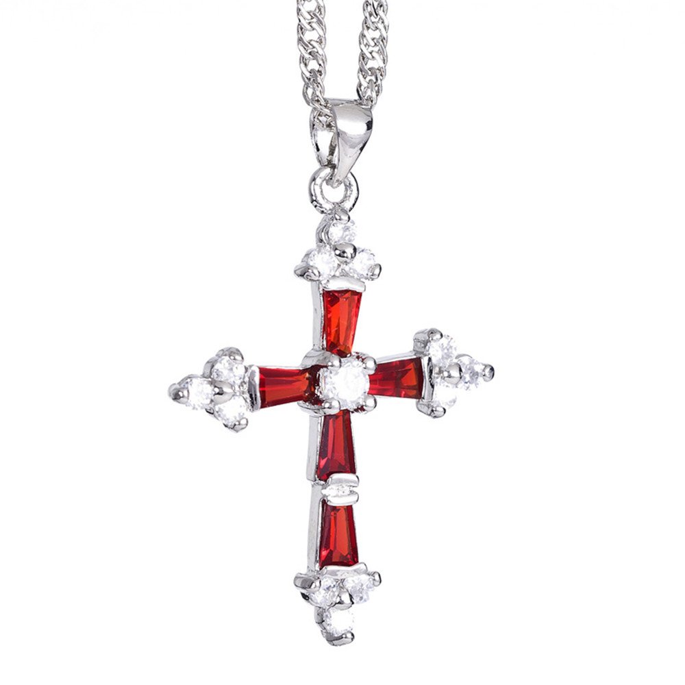 RIZILIA Crucifix Cross Pendant with 45cm(18") Chain & Trapezoid Cut Gemstones CZ [Red Ruby] in 18K White Gold Plated, Simple Modern Elegance