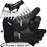 Walfos Insulated Waterproof/Oil & Heat Resistant Silicone BBQ, Smoker, Grill and Cooking Gloves Plus Pork Shredder Claws Plus Silicone Basting Brush - Superior Value Premium Set