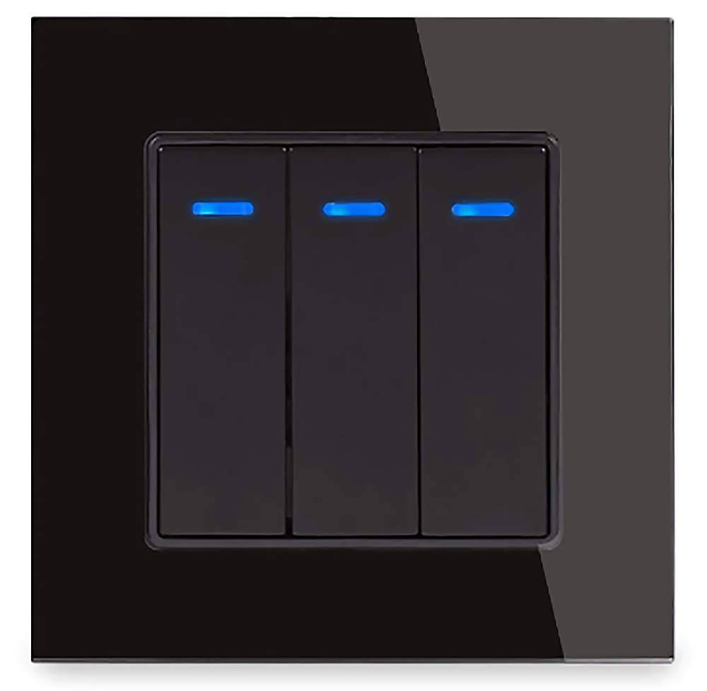 Black 1/2 / 3 gang 2 Way Push Button Light Switch On/Off Crystal Tempered Glass Panel Wall Switch With LED Indicator 16A AC 250V (3gang 2way)