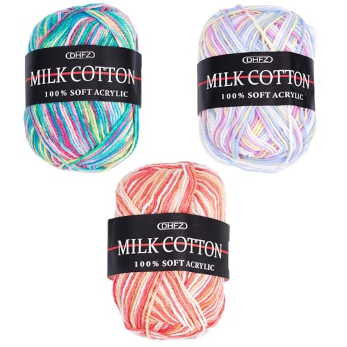 CABODYALS 3 Rolls 390M Colorful Crochet Yarn Cotton Wool Knitting Yarn 3Ply Weaving Rainbow Gradient Soft Acrylic Yarn Skeins Bulk for Crafts Scarves Blankets Beginners Adults Crocheting Knitting