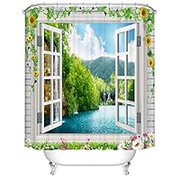 Dodou 3D Sun Flower Window Beach Shower Curtain Waterfall Landscape Scenery Waterproof Fabric Polyester Set with Hooks (48