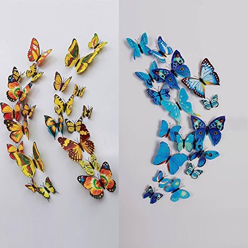 24 Pcs 3D Butterfly Wall Stickers Art Decor Decals(12pcs Blue + 12pcs Yellow)