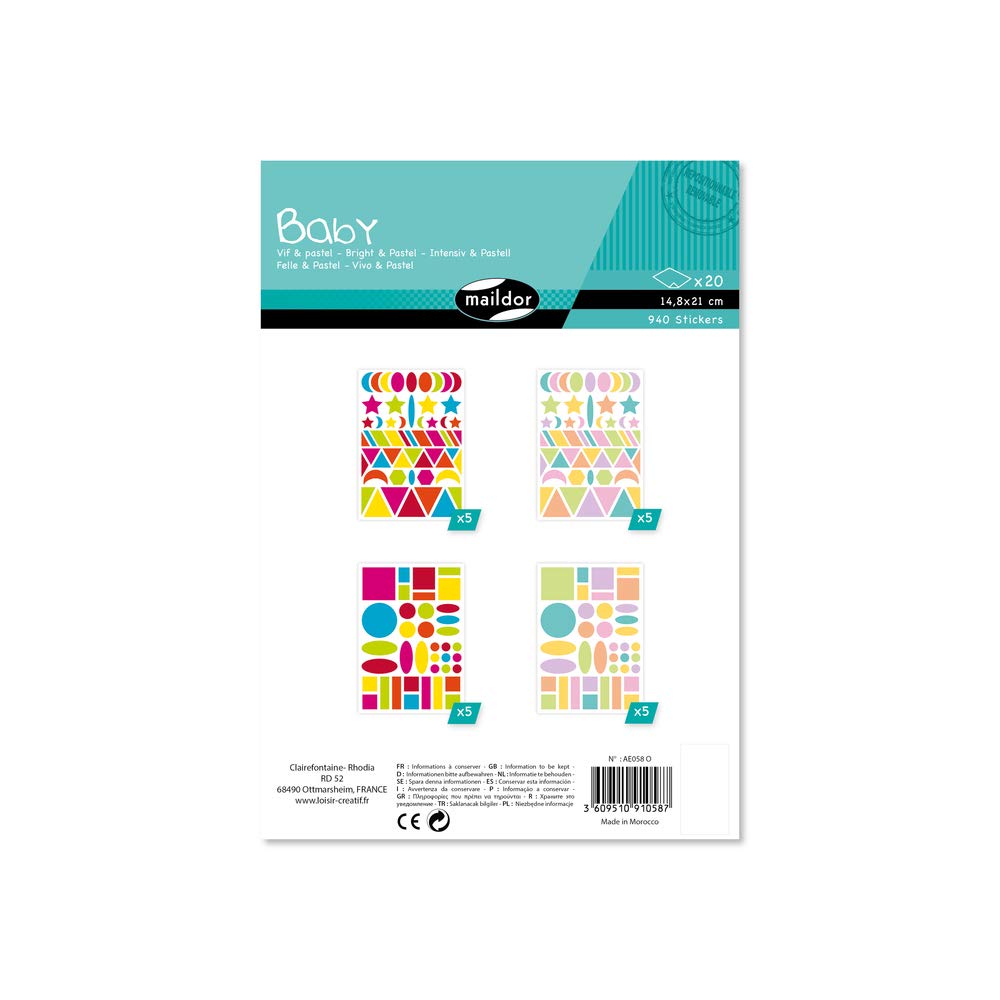 Maildor - Ref AE058O - Baby Stickers (Pack of 20 Sheets) - 21 x 14.8cm - Multi-Coloured Geometric Designs - 940 Stickers Total, Brightly Coloured, Suitable for Children Aged 2+