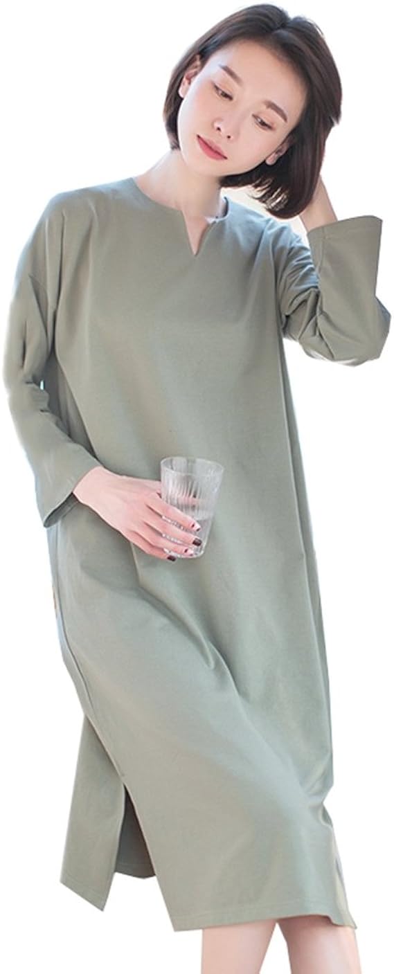 Amazon テンカ レディースパジャマ 綿 春夏秋 長袖 ワンピース 無地 可愛い シンプル 女性 柔らかい ルームウェア 寝巻き 部屋着 便利服 パジャマ ルームウェアセット 通販