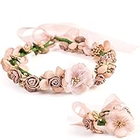 LONGBLE Bride Rose Flower Floral Garland Headband Crown Wedding Bridal Photography Travel Holiday Hair Wreath Halo with Adjustable Voile Ribbon + Bracelet For Girls Women Hair Accessories