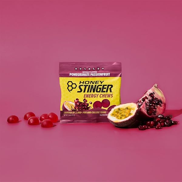 HONEY STINGER ORGANIC POMEGRANATE PASSIONFRUIT ENERGY CHEW, GLUTEN FREE & CAFFEINE FREE, FOR EXERCISE, RUNNING AND PERFORMANCE, SPORTS NUTRITION FOR HOME & GYM, PRE AND MID WORKOUT, 12 PACK