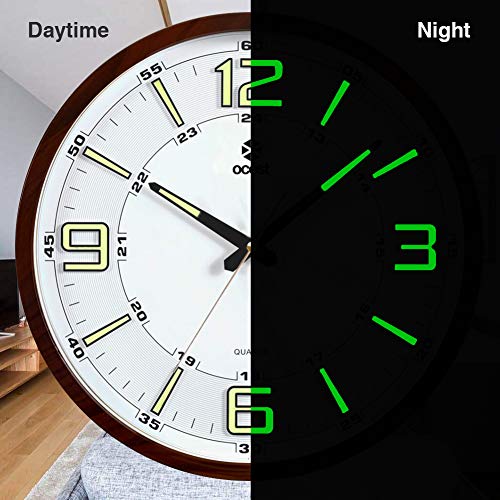 OCEST Night Light Wall Clocks, 14 Inches Silent Non-Ticking Large Display Battery Operated 12/24 Hour Quality Quartz Decorative Clock for Kitchen Bedroom Office School (Wood Grain)