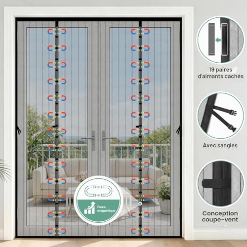Moustiquaire Porte Magnetique,250x212cm Moustiquaire Baie Vitrée Coulissante,Aimantée Double Ouverture Latérale,Fermeture Automatique,Sans Perçage,Anti-moustiques pour Entree Balcon Salon Veranda