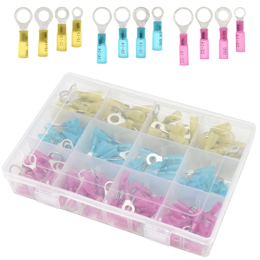 Yosawo 200 Pieces Heat Shrink Ring Connectors, Insulated Terminal Electrical CrimpTerminals Wire Connector Kit 22-10 AWG Red Blue Yellow (RSR)