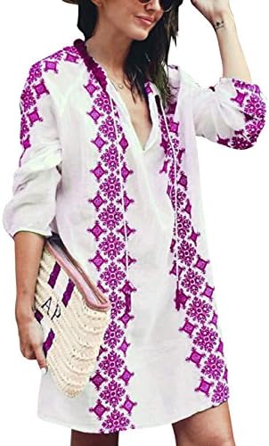 Sanifer Women's Long Sleeve Beach Cover up Dress Embroidered Bohemian Beachwear Bathing Suits Cover Ups (US S-M)