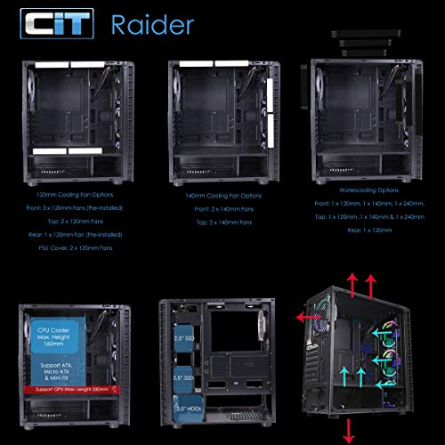 CiT Raider PC Gaming Case, MidTower ATX, Halo Dual Ring Spectrum