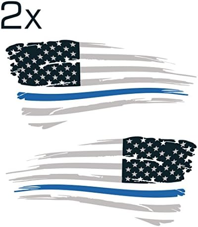 [Made in USA] Official Thin Blue Line Decal Tattered Flag 3M/Orafol Sticker Supporting Our Leo Heroes 3" x 7" Pack of 2 (Mirrored)