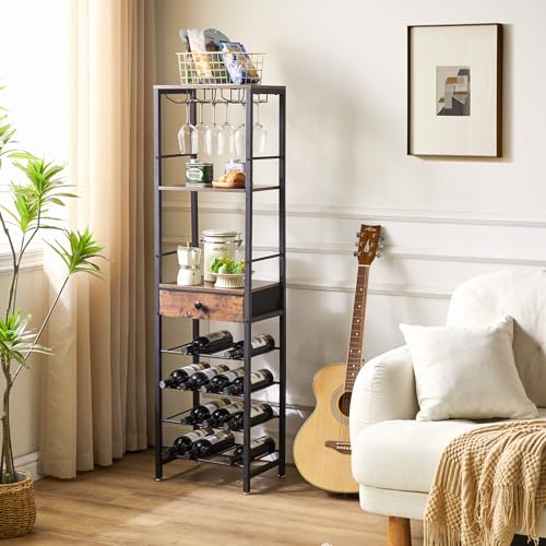 IBUYKE TMJ905H Wine Bottle Rack with Glass Door and Drawer, Brown | Countertop Bottle Storage with Shelf for Kitchen Bar Dining Room 16 Bottles