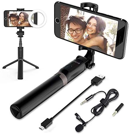 ELEWIUM Bluetooth Tripod Selfie Stick with LED Ring Light & Rec Microphone 3 in 1 | Adjustable Knob Live Stream, 360° Rotation & Soft Silicone Pads | Works with iPhones Smartphones&Tablets