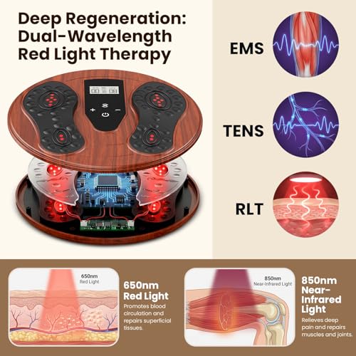 Medic Circulation Machine Blood Booster for Feet and Legs, EMS Muscle Stimulator with Red Light Therapy (660 nm + 850 nm), Electric Foot Massagers for Pain and Circulation with 4 TENS Electrode Pads