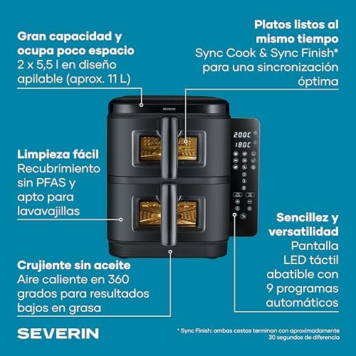 Duo Stack Freidora de aire caliente con 2 cestas de 5,5 litros cada una, cocina saludable, 9 programas automáticos, freidora sin grasa, diseño compacto, S-Fry, 2800 W, negro, FR 9598