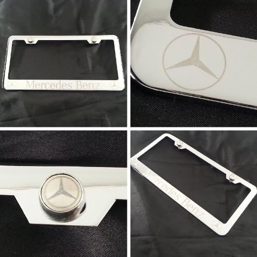 Polish Chrome Laser Engraved Mercedes Benz Stainless Steel USA License Plate Frame with Engraved Steel Logo Screw Cap Combo 12.25" X 6.5"