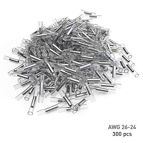 E-VOLT 300 PC Butt Connectors - Weather Resistant Heat Shrink Butt Splicer Terminals for 26 - 24 AWG Wire - Industrial Grade Bulk Insulated Crimp Connectors for Marine, Audio and Automotive