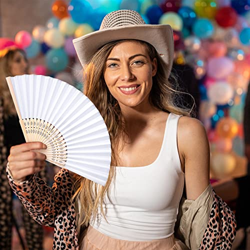 JOHOUSE 12PCS White Folding Fans, Handheld Fabric Fan Foldable Chinese Japanese Bamboo Fans for Women Wedding Dancing DIY Wall Decoration
