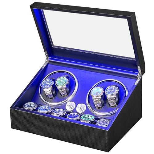 ANWBROAD ANWBROAD Watch Winder for Automatic Watches 4 Watch Rotator and 6 Extra Storages with Super Quiet Mabuchi Motor and LED Backlight Turner Carbon Fiber Shaker 5 Rotating Modes USB UJWW002F