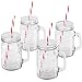 VonShef Set of 4 Mason Glass Drinking Jars Set 15 Ounce Glasses with Reusable Straws, Twist Lids and Handles