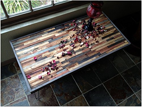 23"x23"x23"H beautiful barn wood end table with mosaic pattern and hairpin legs