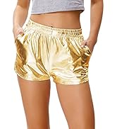 Kate Kasin Women's Elastic Waist Metallic Shorts Shiny Rave Pants Sparkly Yoga Hot Shorts