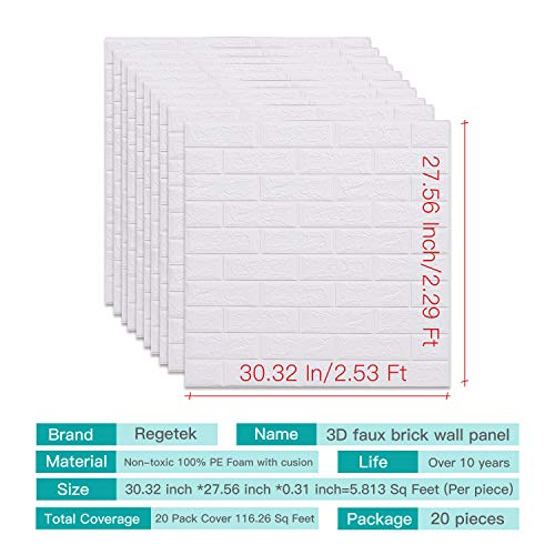 Regetek 3D Brick Wallpaper Wall Stickers Peel and Stick Self-Adhesive Faux Brick Wallpaper for Interior TV Walls/Sofa Background Wall Decor DIY Easy Installation (White Brick 20 Pack 116.26 sq.ft)