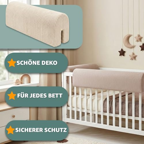 Anti-suffocation Cot Bumper 120 cm – Foam Protection for Changing Cot and Crib for Bed or Crib Edges for Children from 1 to 3 Years Oeko-Tex Corduroy Light Grey B