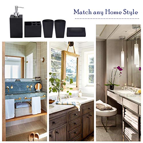 Bathroom Accessories Set, 5 Piece Resin Bathroom Sink Set, Toothbrush Holder, Liquid Soap Dispenser, Soap Dish, 2 Tumblers, Black - Thumbnail 5