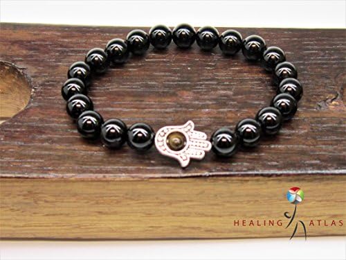 Black Tourmaline Hamsa Hand Black Tourmaline Fatima Hand Bracelet Hamsa Charm Bracelet Hamsa Hand Black Tourmaline Protection Mala Bracelet Black Tourmaline