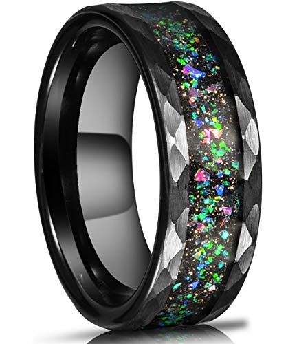 Queenwish 8mm Black Hammered Tungsten Wedding Band Engagement Wedding Rings for Women and Men with Galaxy Series Colorful Opal Inlay Promise Ring Gifts with Jewelry Box Size 6