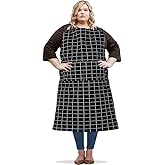 SANFERGE Canvas Plus Size Apron for Women with 2 Pockets, 39 X 38 inch Extra Large XXL Aprons, Vintage Gingham Adjustable Long Bib Chef Apron for Cooking, Kitchen, Barber, Gardening, Black Check