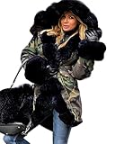 Roiii Women Winter Warm Thick Black Faux Fur Coat Hood Parka Long Jacket