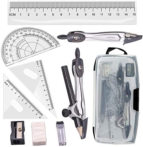 コンパス Tuloka 算数12点セット 直定規 三角定規 替え芯 半円分度器 消しゴム 鉛筆 製図 作図ツール 算数 幾何学 中学生 小学生 教師 文房具 学用品 クリアケース付
