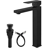 gotonovo Vessel Sink Faucet Single Handle Tall Bathroom Faucet One Hole Modern Lavatory Vanity Basin Mixer Tap Matching Supply Hoses and Pop up Drain Without Overflow, Matte Black