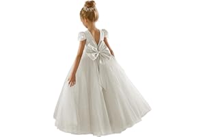 JISISANG Flower Girls Lace Cap Sleeve Dress for Wedding Puffy Tulle Back V-Neck Pageant Prom Ball Gown with Bow