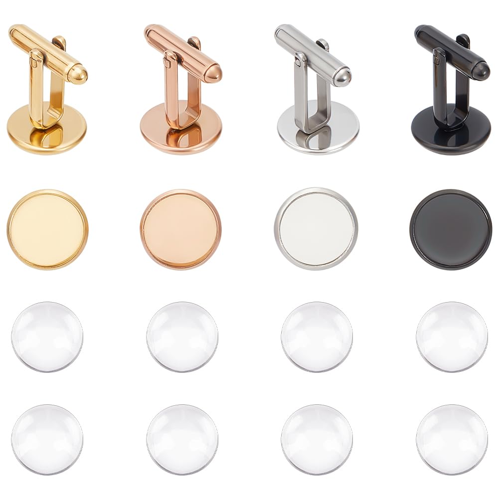 UNICRAFTALE 8Pcs 4 Styles 304 Stainless Steel Blank Cufflinks Making Kit Tray 12mm Flat Round Dome Cuff Buttons With Glass Cabochon Tray Bezel Cufflinks for Button Clothing Accessories Jewelry Making