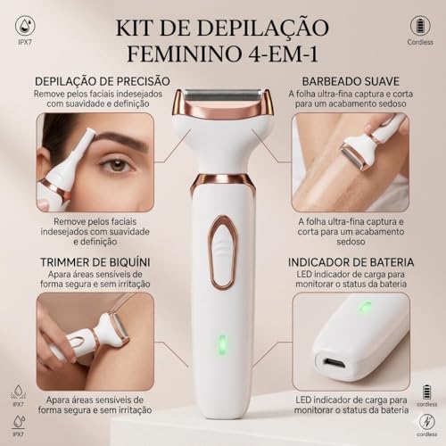 Depilador Feminino Elétrico 4 em 1 Recarregável USB Removedor de pelos Corporal e Facial Aparador Portátil bivolt Sem Fio com 4 Cabeças Multifuncional