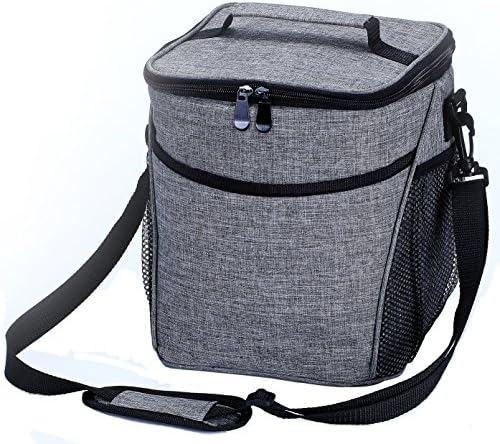 Insulated Lunch Box - 9 Liter Large Capacity Grey Insulated Lunch Bag with Adjustable Strap, Front Pocket and Side Mesh Pocket For Breakfast, Lunch, Supper, Picnic, Adult, Women, Men, Kids