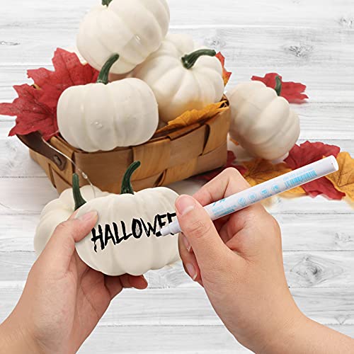 DomeStar Artificial Pumpkins Set, 12PCS White Fake Pumpkins with 30PCS Maple Leaves 1PC String Lights Fall Harvest Mini Pumpkins Faux White Pumpkins for Halloween Thanksgiving Decorations