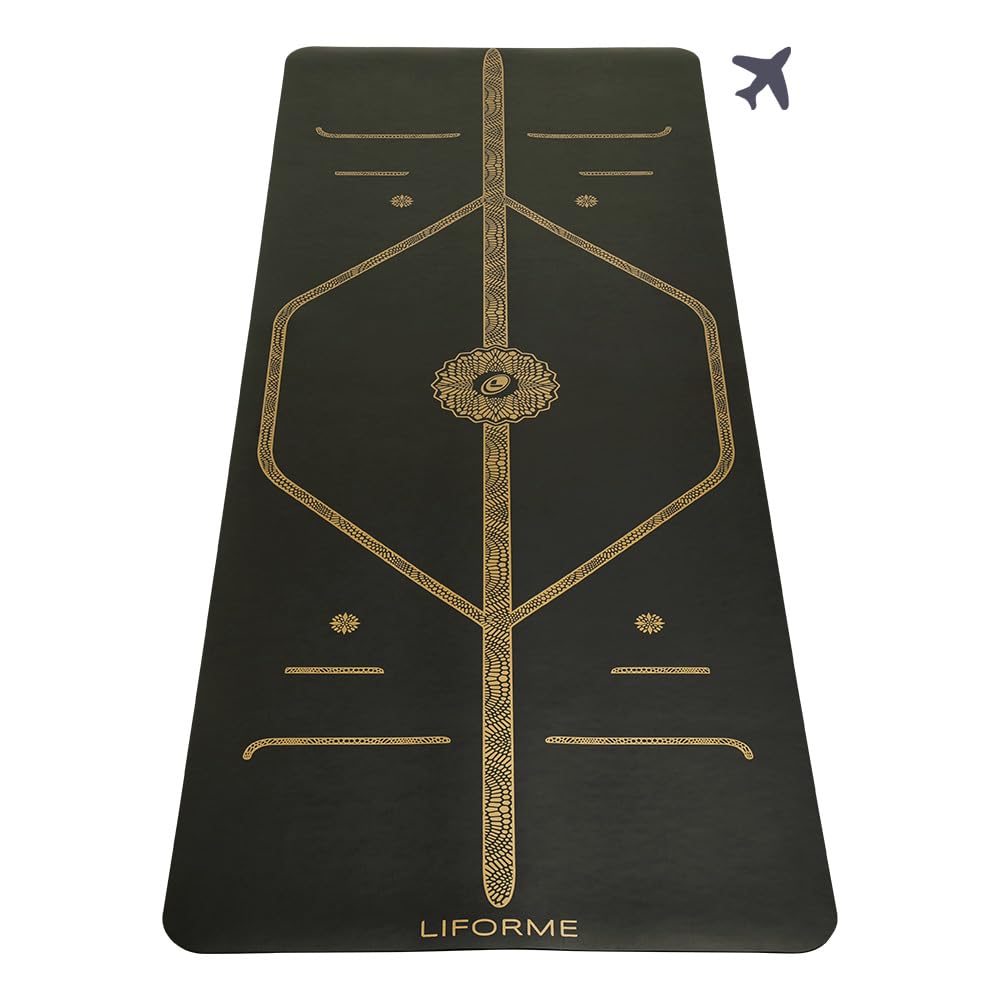 Liforme Travel Yoga mat – Free Yoga Bag, Patented Alignment System, Warrior-like Grip, Non-slip, Eco-friendly and Biodegradable, Ultra-lightweight, Sweat resistant, Long, Wide and Thick (Black & Gold)