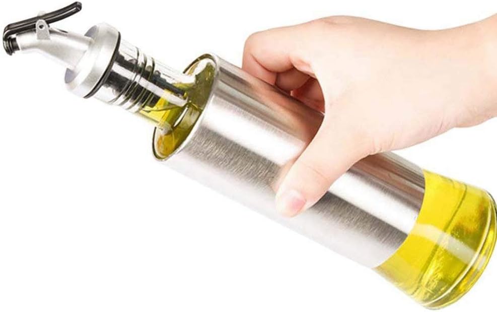Ramkuwar Glass Olive Oil Dispenser Stainless Protection Bottle Glass Cooking Oil & Vinegar Cruet for Kitchen and BBQ (500ml Steel)