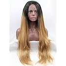 K'ryssma? 2 Tones Ombre Blonde Dark Roots Lace Front Wigs Long Natural Straight Glueless Half Hand Tied Replacement Synthetic Hair Wig Heat Resistant For Women 24 inch