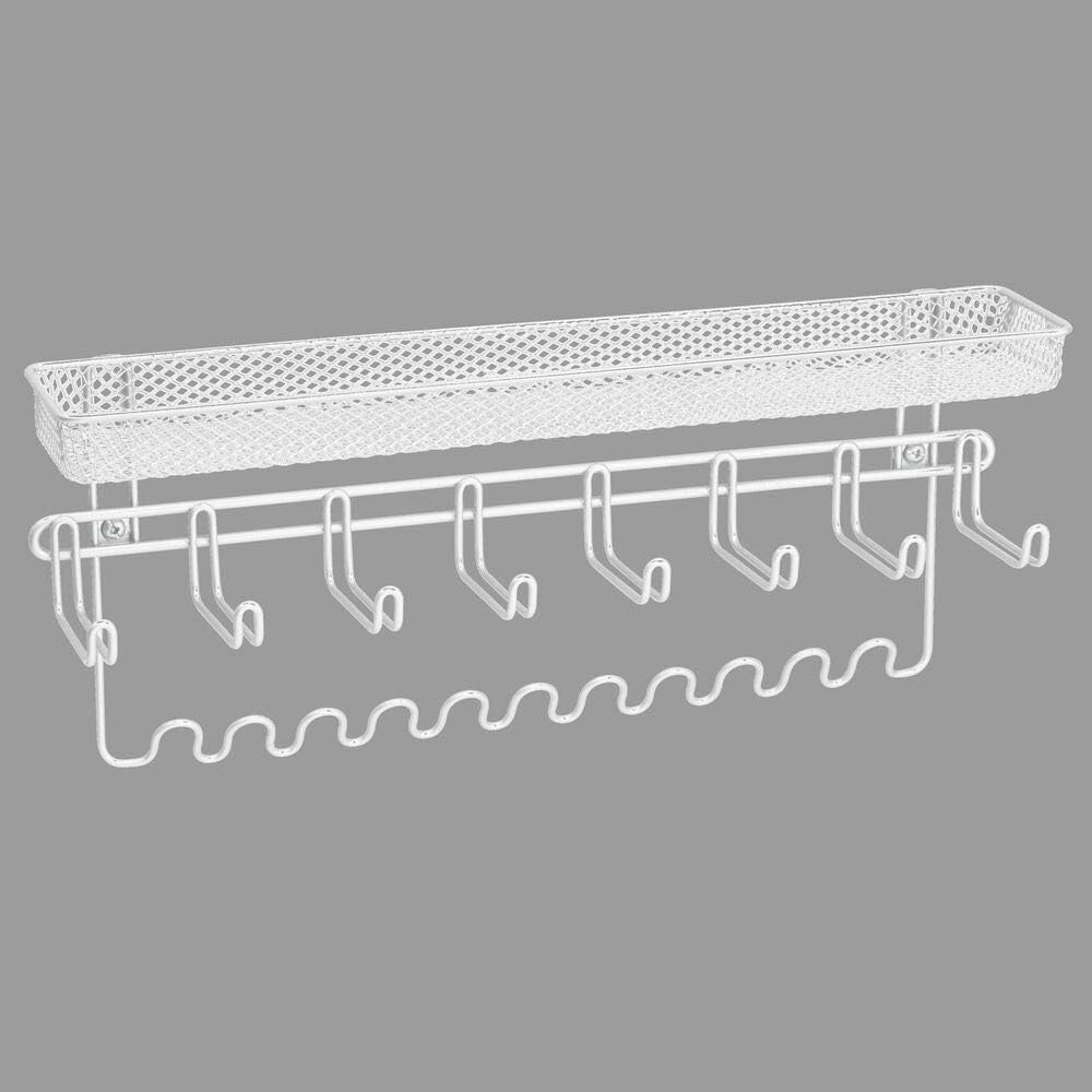mDesign Decorative Metal Closet Wall Mount Jewelry Accessory Organizer for Storage of Necklaces, Bracelets, Rings, Earrings, Sunglasses, Wallets - 8 Large /11 Small Hooks, 1 Basket - White: Home & Kitchen