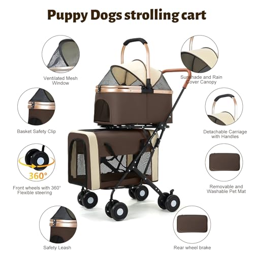 Beauenty Double Pet Stroller for Dogs and Cats, Lightweight Folding Pet Dog Stroller for Small Medium Dogs Cats, 2 Detachable Carrier Bags, 4 Lockable Wheels & Safety Belts, Brown