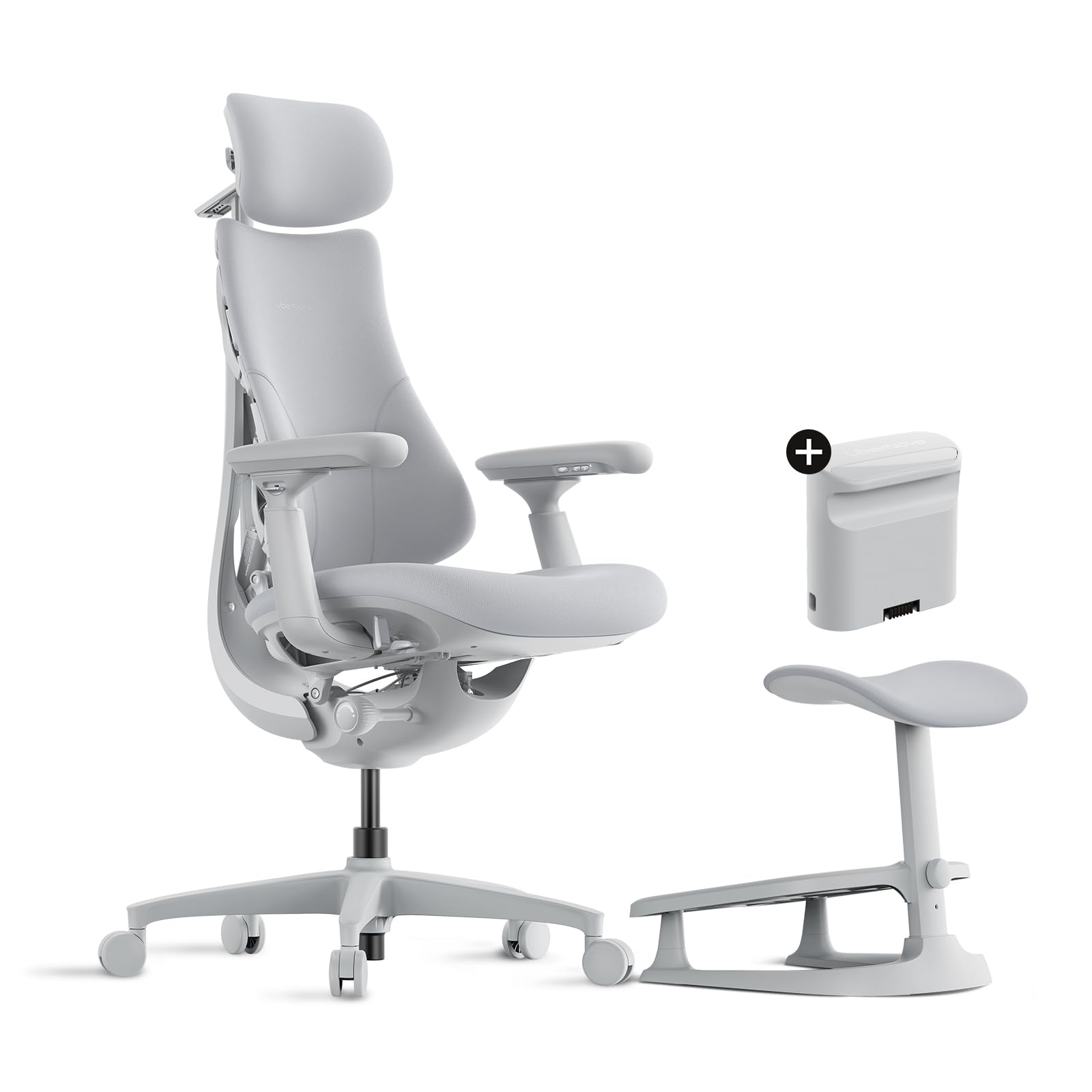 LiberNovo Silla de escritorio ergonómica dinámica + reposapiés + paquete de batería extra recargable: cómoda silla de oficina en casa con soporte lumbar adaptable, reclinación de 160° y estiramiento de columna incorporado, gris+45 cm