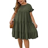 YOXUA Womens Plus Size Dress - Ruffle Short Sleeve Crewneck Color Block Loose Summer Beach Swing Dresses XL-4XL